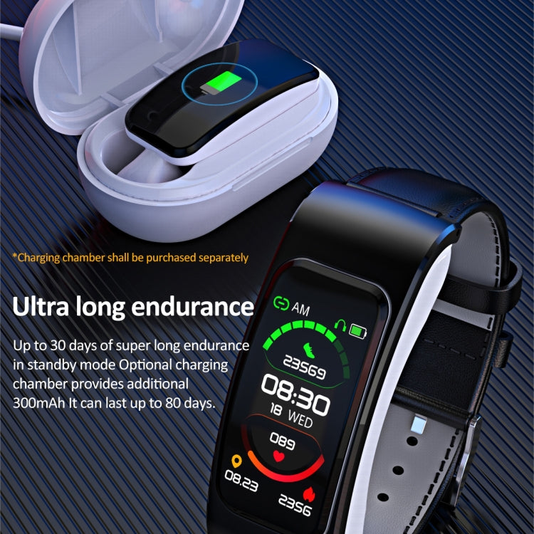 K60 1.08 inch Leather Band Earphone Detachable Life Waterproof Smart Watch Support Bluetooth Call(Black Silver) by buy2fix