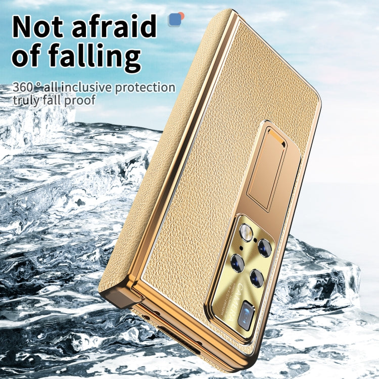 For Huawei Mate X2 Litchi Pattern Magnetic Shell Film Integrated Shockproof Phone Case(Gold) by buy2fix