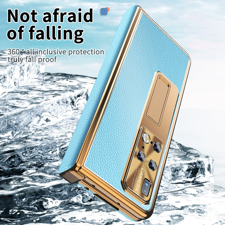 For Huawei Mate X2 Litchi Pattern Magnetic Shell Film Integrated Shockproof Phone Case(Blue Gold) by buy2fix