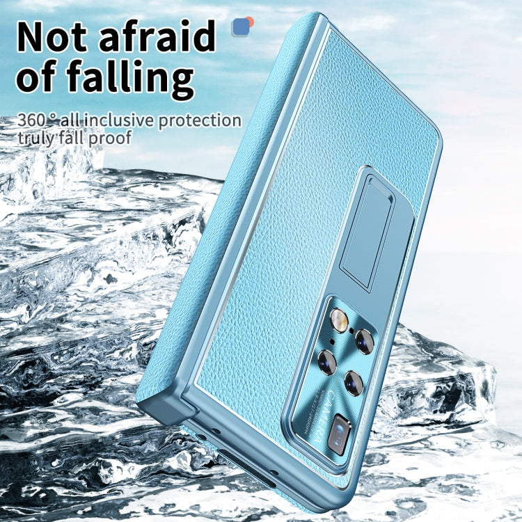 For Huawei Mate X2 Litchi Pattern Magnetic Shell Film Integrated Shockproof Phone Case(Far Peak Blue) by buy2fix
