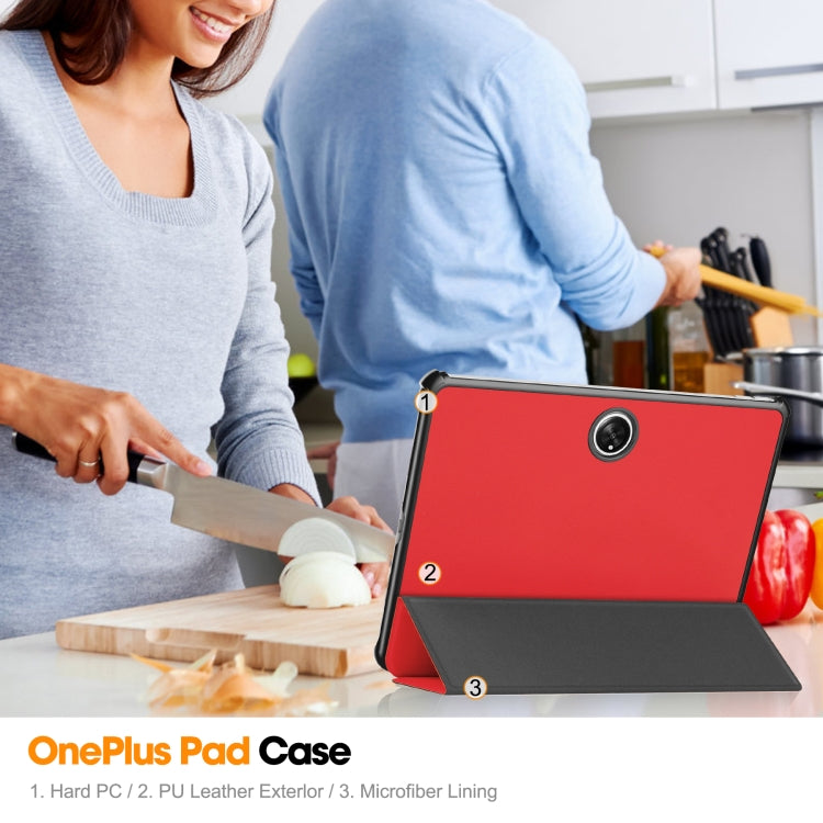 For OnePlus Pad Custer Pure Color 3-Fold Holder Smart Leather Tablet Case(Red) by buy2fix