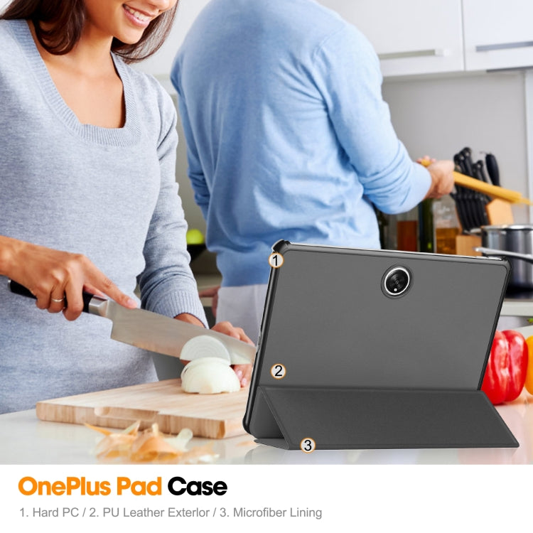 For OnePlus Pad Custer Pure Color 3-Fold Holder Smart Leather Tablet Case(Grey) by buy2fix