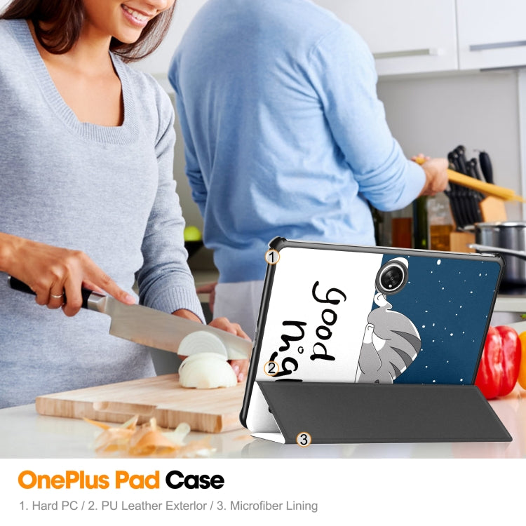 For OnePlus Pad Custer Painted 3-Fold Holder Smart Leather Tablet Case(Lazy Cat) by buy2fix