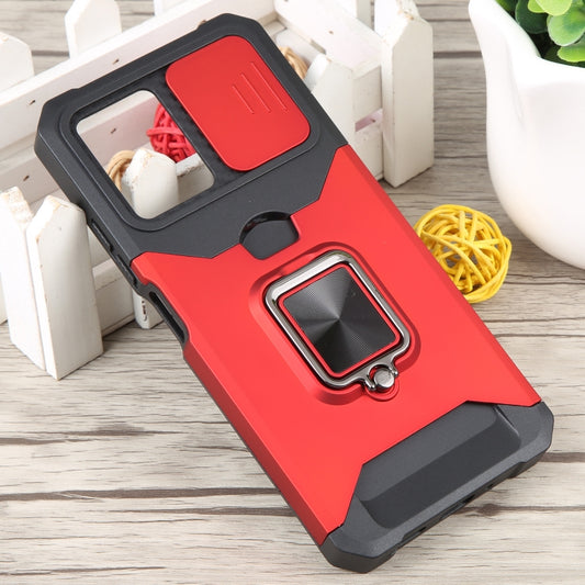 For Xiaomi Redmi Note 12 5G / Poco X5 Camera Shield Card Slot Phone Case with Ring Holder(Red) by buy2fix