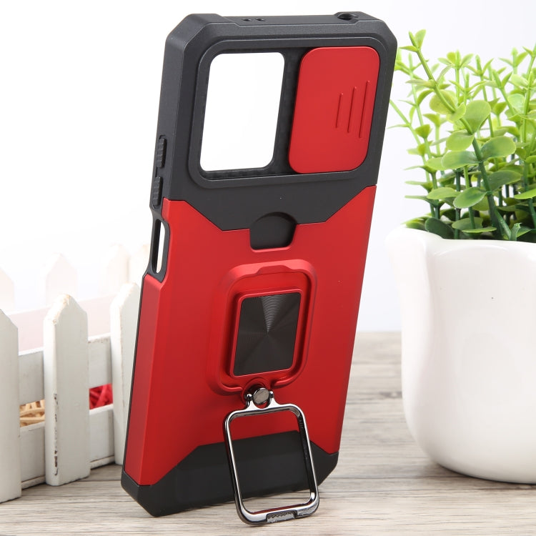 For Xiaomi Redmi Note 12 5G / Poco X5 Camera Shield Card Slot Phone Case with Ring Holder(Red) by buy2fix