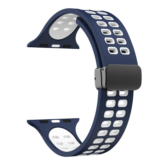Magnetic Fold Clasp Square Holes Silicone Watch Band For Apple Watch Ultra 49mm&Watch Ultra 2 49mm / Series 9&8&7 45mm / SE 3&SE 2&6&SE&5&4 44mm / 3&2&1 42mm(Dark Blue White) by buy2fix