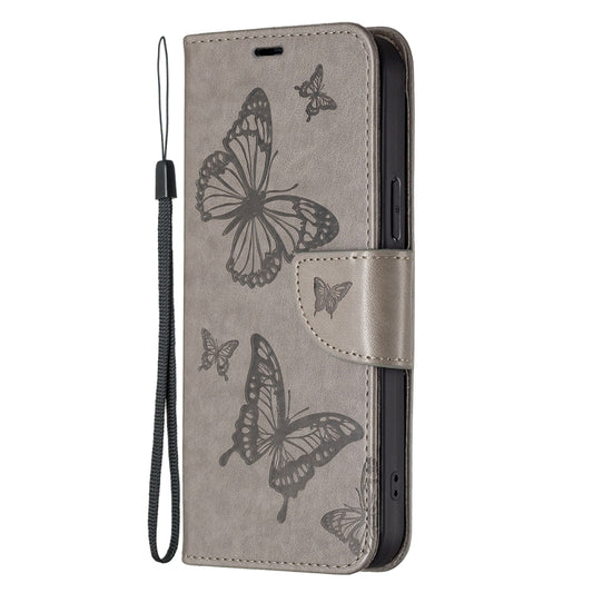 For Xiaomi Redmi Note 12 4G Global Two Butterflies Embossing Leather Phone Case(Grey) by buy2fix