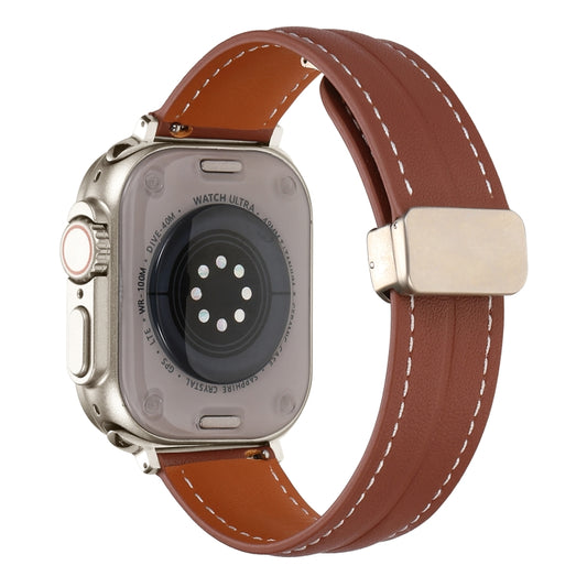 Folding Buckle Grooved Genuine Leather Watch Band For Apple Watch Ultra 49mm / Series 8&7 45mm / SE 2&6&SE&5&4 44mm / 3&2&1 42mm(Brown) by buy2fix