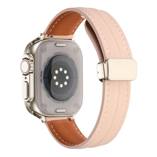 Folding Buckle Grooved Genuine Leather Watch Band For Apple Watch Series 8&7 41mm / SE 2&6&SE&5&4 40mm / 3&2&1 38mm(Light Pink) by buy2fix