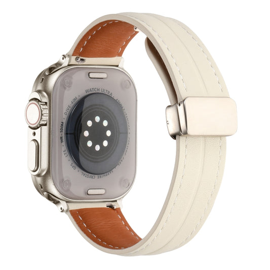 Folding Buckle Grooved Genuine Leather Watch Band For Apple Watch Series 8&7 41mm / SE 2&6&SE&5&4 40mm / 3&2&1 38mm(Beige) by buy2fix