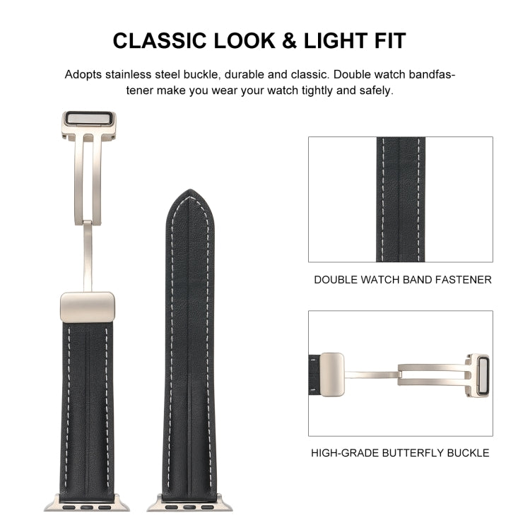Folding Buckle Grooved Genuine Leather Watch Band For Apple Watch Series 8&7 41mm / SE 2&6&SE&5&4 40mm / 3&2&1 38mm(Beige) by buy2fix