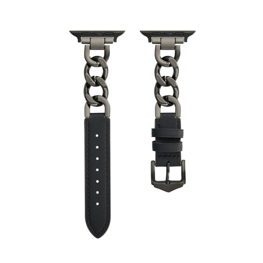 Chain + Leather Watch Band For Apple Watch Ultra 49mm&Watch Ultra 2 49mm / Series 9&8&7 45mm / SE 3&SE 2&6&SE&5&4 44mm / 3&2&1 42mm (Black+Black) by buy2fix