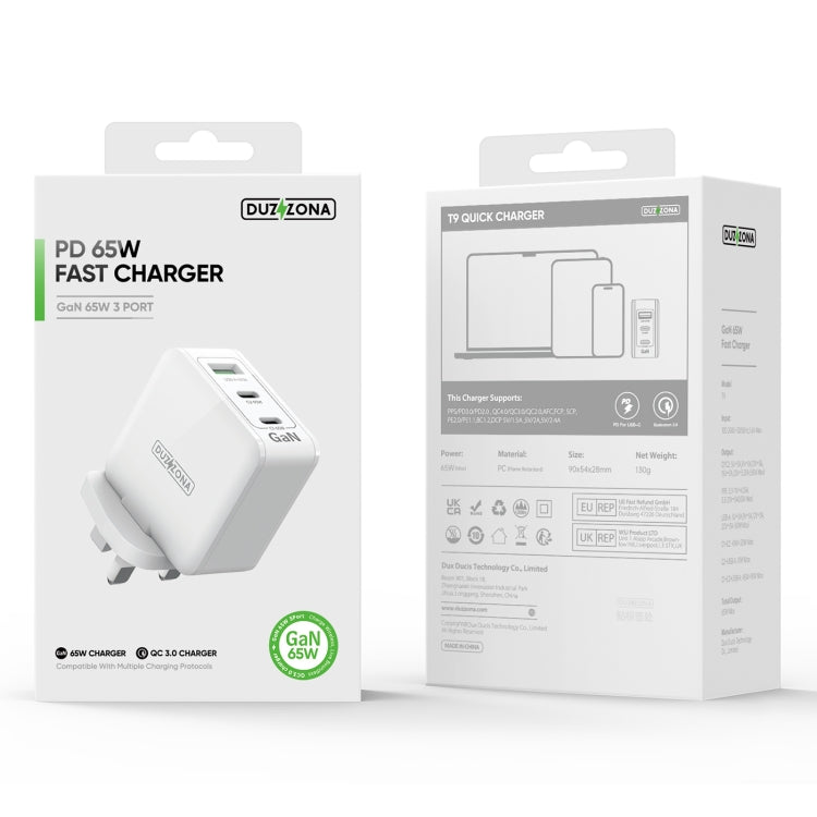DUZZONA T9 65W Dual USB-C / Type-C+USB GaN Fast Charger, Specification:UK Plug by DUZZONA