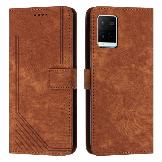 For vivo Y33s / Y21 2021 / Y21s Skin Feel Stripe Pattern Leather Phone Case with Lanyard(Brown) by buy2fix