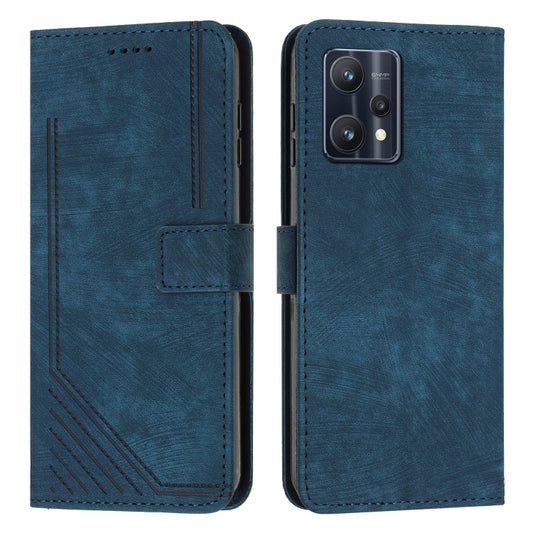 For Realme 9 Pro+ / 9 4G Skin Feel Stripe Pattern Leather Phone Case with Lanyard(Blue) by buy2fix