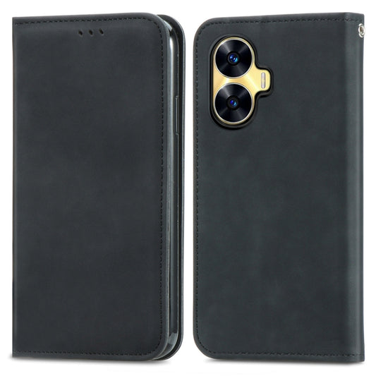 For Realme C55 Retro Skin Feel Magnetic Leather Phone Case(Black) by buy2fix