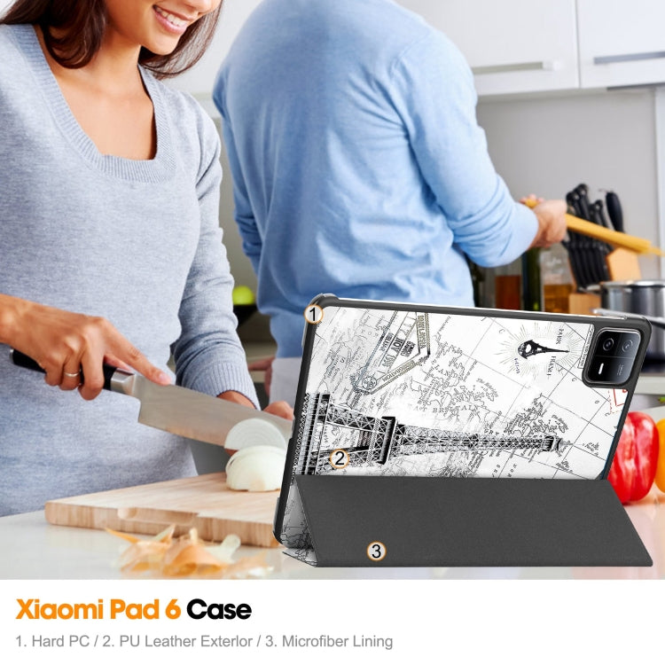 For Xiaomi Pad 6 / 6 Pro Custer Painted 3-Fold Stand Leather Smart Tablet Case(Retro Eiffel Tower) by buy2fix