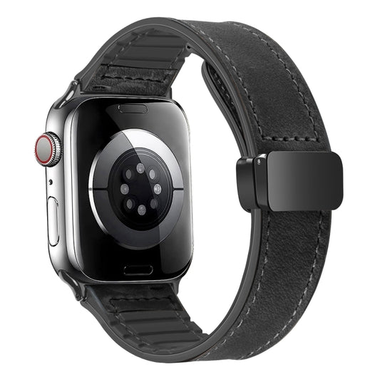 Magnetic Folding Silicone Leather Watch Band For Apple Watch Ultra 49mm&Watch Ultra 2 49mm / Series 9&8&7 45mm / SE 3&SE 2&6&SE&5&4 44mm / 3&2&1 42mm(Black) by buy2fix