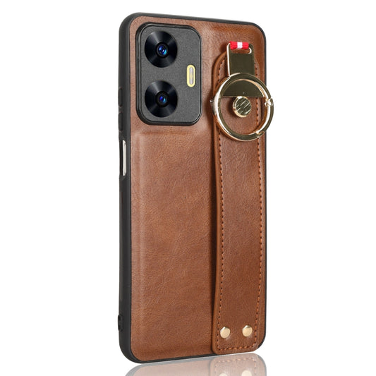 For Realme C55 Wristband Leather Back Phone Case(Brown) by buy2fix
