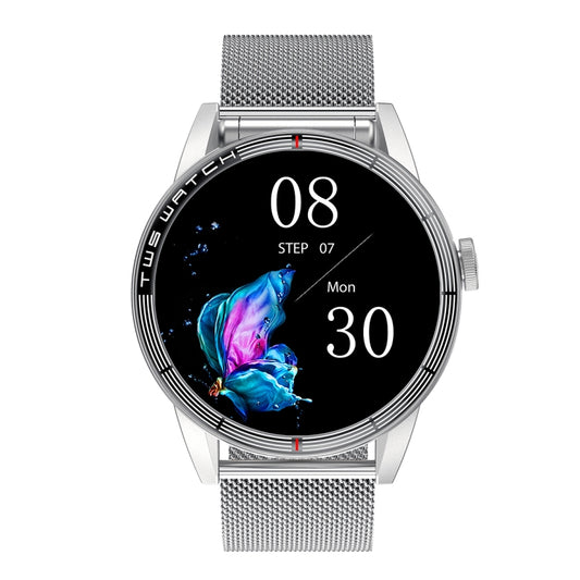 R6 1.32 inch Round Screen 2 in 1 Bluetooth Earphone Smart Watch, Support Bluetooth Call / Health Monitoring(Silver Steel Strap) by buy2fix