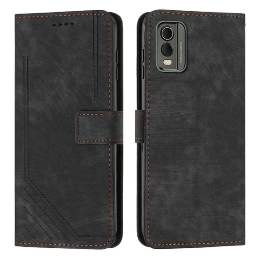 For Nokia C32 Skin Feel Stripe Pattern Leather Phone Case with Lanyard(Black) by buy2fix