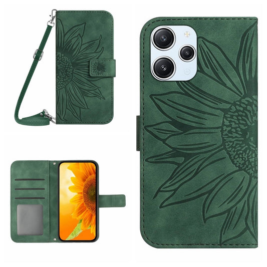 For Xiaomi Redmi 12 4G Global Skin Feel Sun Flower Embossed Flip Leather Phone Case with Lanyard(Green) by buy2fix