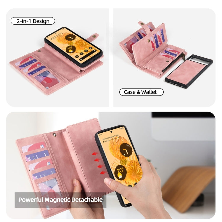 For Google Pixel 7 Pro Zipper Wallet Detachable Magnetic Leather Phone Case(Pink) by buy2fix