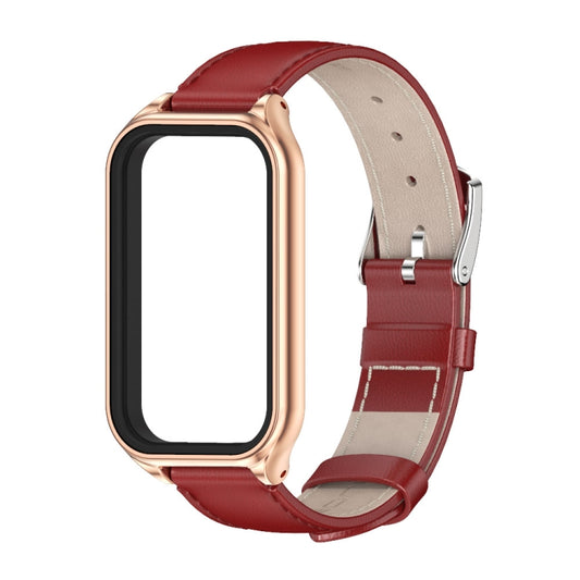 For Xiaomi Smart Band 8 Active / Redmi Band 2 Mijobs Metal Shell Genuine Leather Watch Band(Red Rose Gold) by MIJOBS