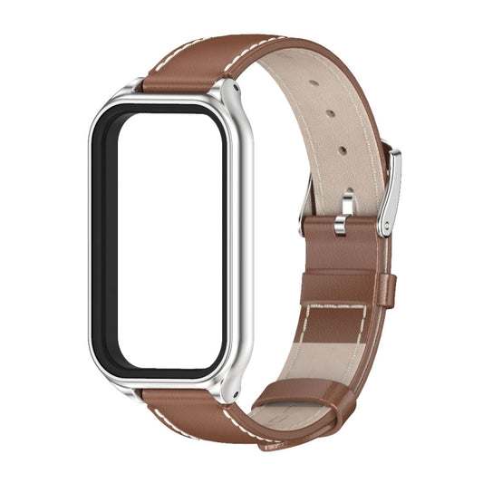 For Xiaomi Smart Band 8 Active / Redmi Band 2 Mijobs Metal Shell Genuine Leather Watch Band(Brown Silver) by MIJOBS