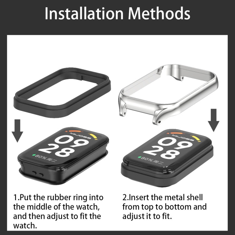 For Xiaomi Smart Band 8 Active / Redmi Band 2 Mijobs Metal Shell Genuine Leather Watch Band(Red Silver) by MIJOBS