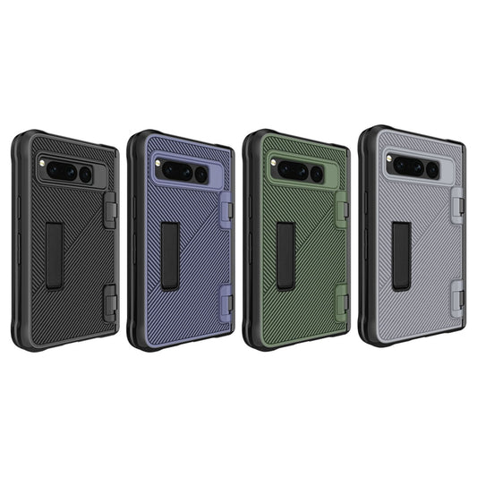 For Google Pixel Fold Twill Texture Integrated Shockproof Phone Case with Holder(Blue) by buy2fix