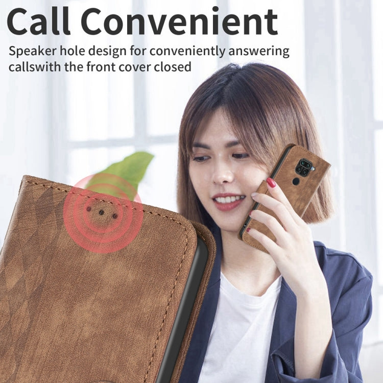 For Xiaomi Redmi Note 9 Plaid Embossed Leather Phone Case(Brown) by buy2fix