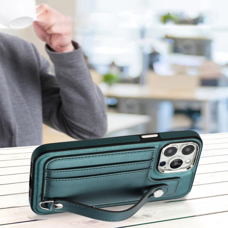 For iPhone 14 Pro Shockproof Leather Phone Case with Wrist Strap(Green) by buy2fix