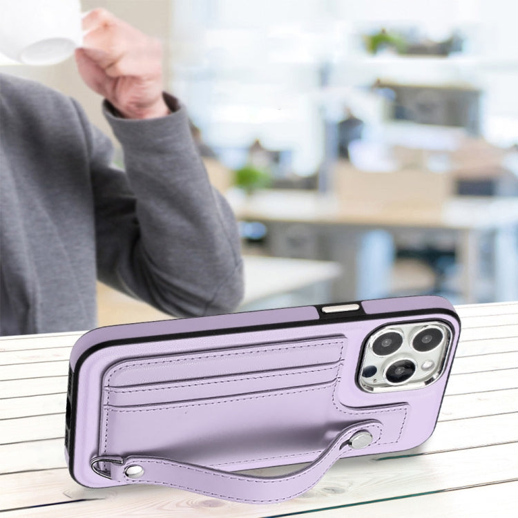 For iPhone 14 Pro Max Shockproof Leather Phone Case with Wrist Strap(Purple) by buy2fix