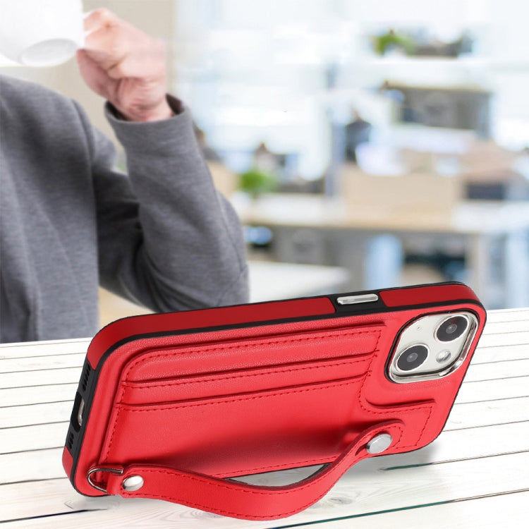For iPhone 13 Shockproof Leather Phone Case with Wrist Strap(Red) by buy2fix