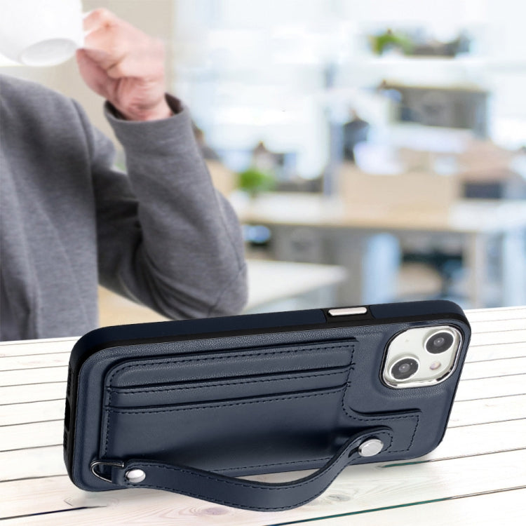 For iPhone 15 Plus Shockproof Leather Phone Case with Wrist Strap(Blue) by buy2fix