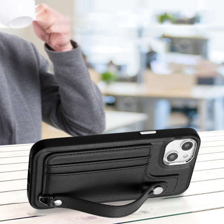 For iPhone 15 Shockproof Leather Phone Case with Wrist Strap(Black) by buy2fix