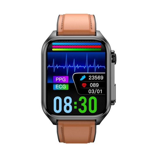 TK12 1.96 inch IP67 Waterproof Leather Band Smart Watch Supports ECG / Remote Families Care / Bluetooth Call / Body Temperature Monitoring(Brown) by buy2fix