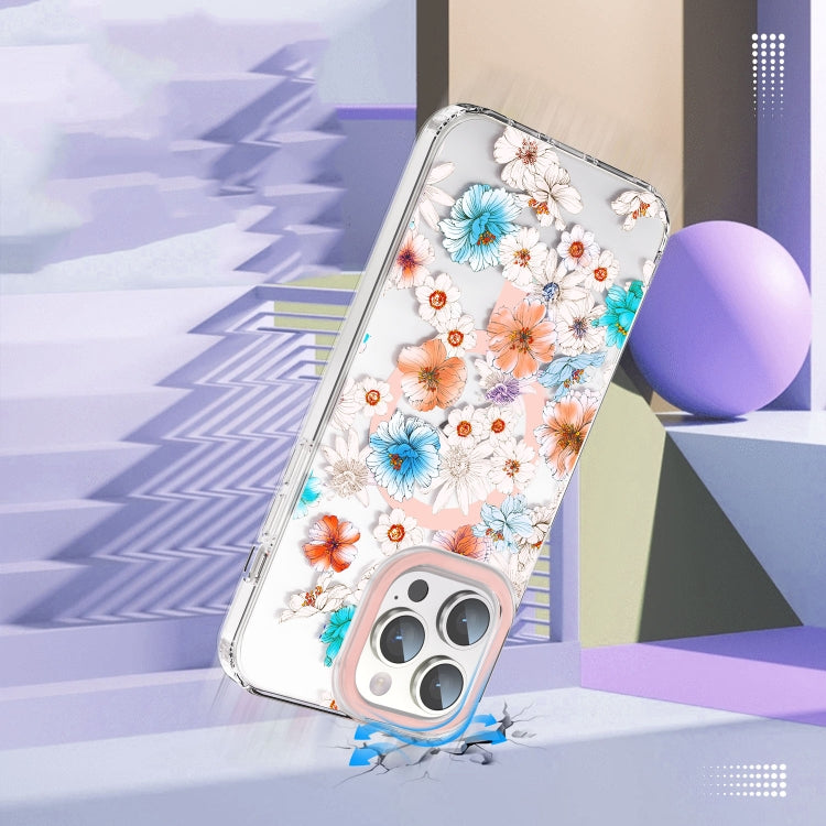 For iPhone 15 MagSafe Magnetic TPU Phone Case(White Blue Flower) by buy2fix