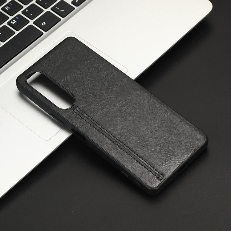 For Sony Xperia 1 V Sewing Cow Pattern Skin PC + PU + TPU Phone Case(Black) by buy2fix