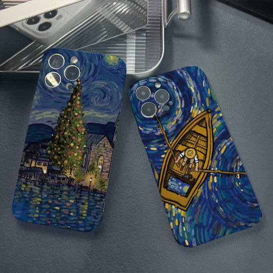 For iPhone 12 Pro Precise Hole Oil Painting Pattern PC Phone Case(Boating) by buy2fix