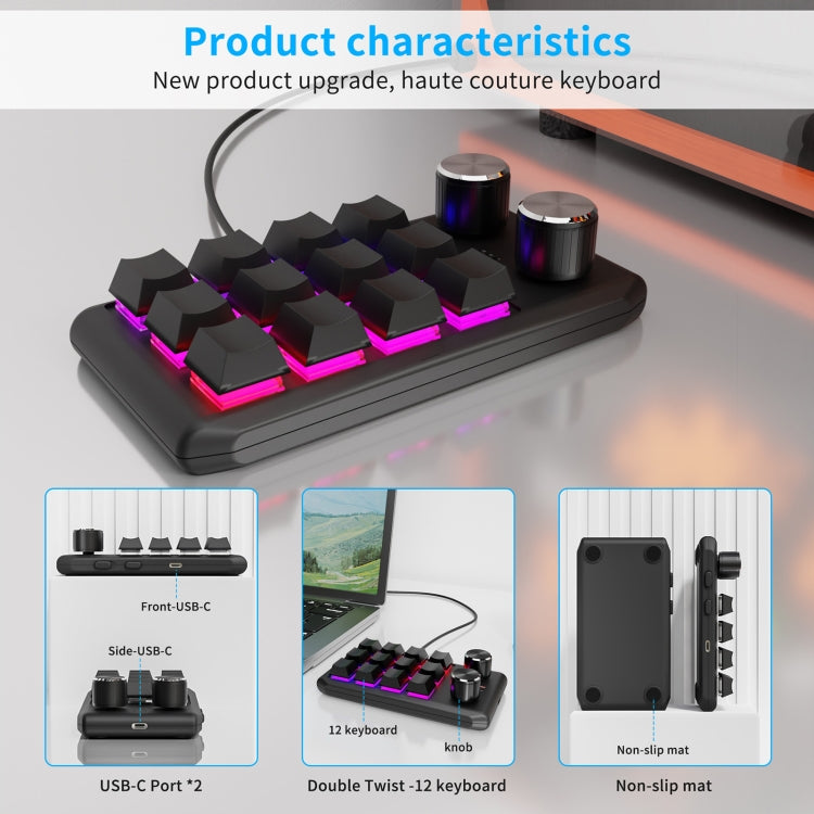 Bluetooth Wireless 12KV2 MOLD Mini Mechanical 12 Keys 2 Knob Custom Programming Keyboard(Black) by buy2fix