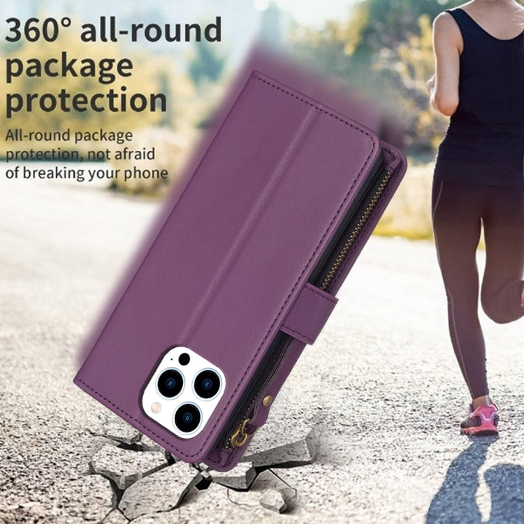 For iPhone 15 Pro 9 Card Slots Zipper Wallet Leather Flip Phone Case(Dark Purple) by buy2fix