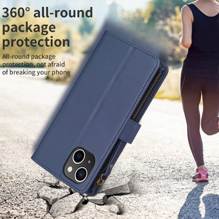 For iPhone 15 9 Card Slots Zipper Wallet Leather Flip Phone Case(Blue) by buy2fix