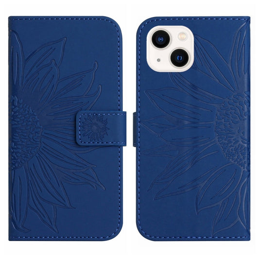 For iPhone 15 Skin Feel Sun Flower Embossed Flip Leather Phone Case with Lanyard(Dark Blue) by buy2fix