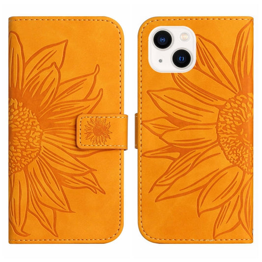For iPhone 15 Skin Feel Sun Flower Embossed Flip Leather Phone Case with Lanyard(Yellow) by buy2fix