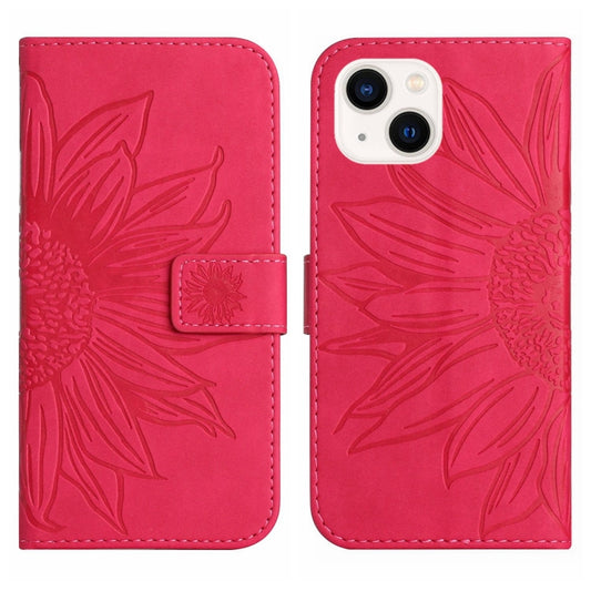 For iPhone 15 Skin Feel Sun Flower Embossed Flip Leather Phone Case with Lanyard(Rose Red) by buy2fix