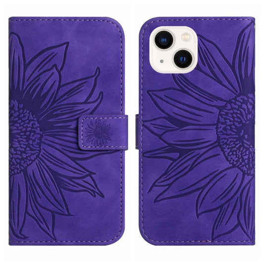For iPhone 15 Skin Feel Sun Flower Embossed Flip Leather Phone Case with Lanyard(Dark Purple) by buy2fix