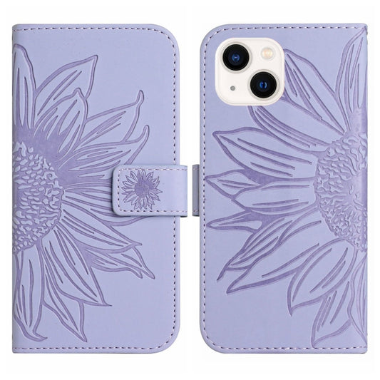 For iPhone 15 Plus Skin Feel Sun Flower Embossed Flip Leather Phone Case with Lanyard(Purple) by buy2fix