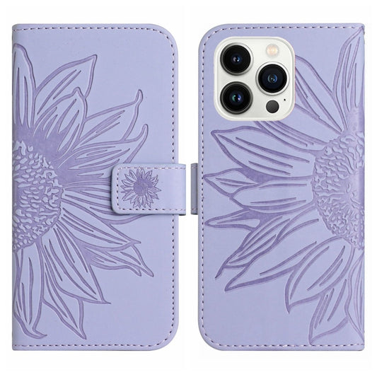For iPhone 15 Pro Skin Feel Sun Flower Embossed Flip Leather Phone Case with Lanyard(Purple) by buy2fix